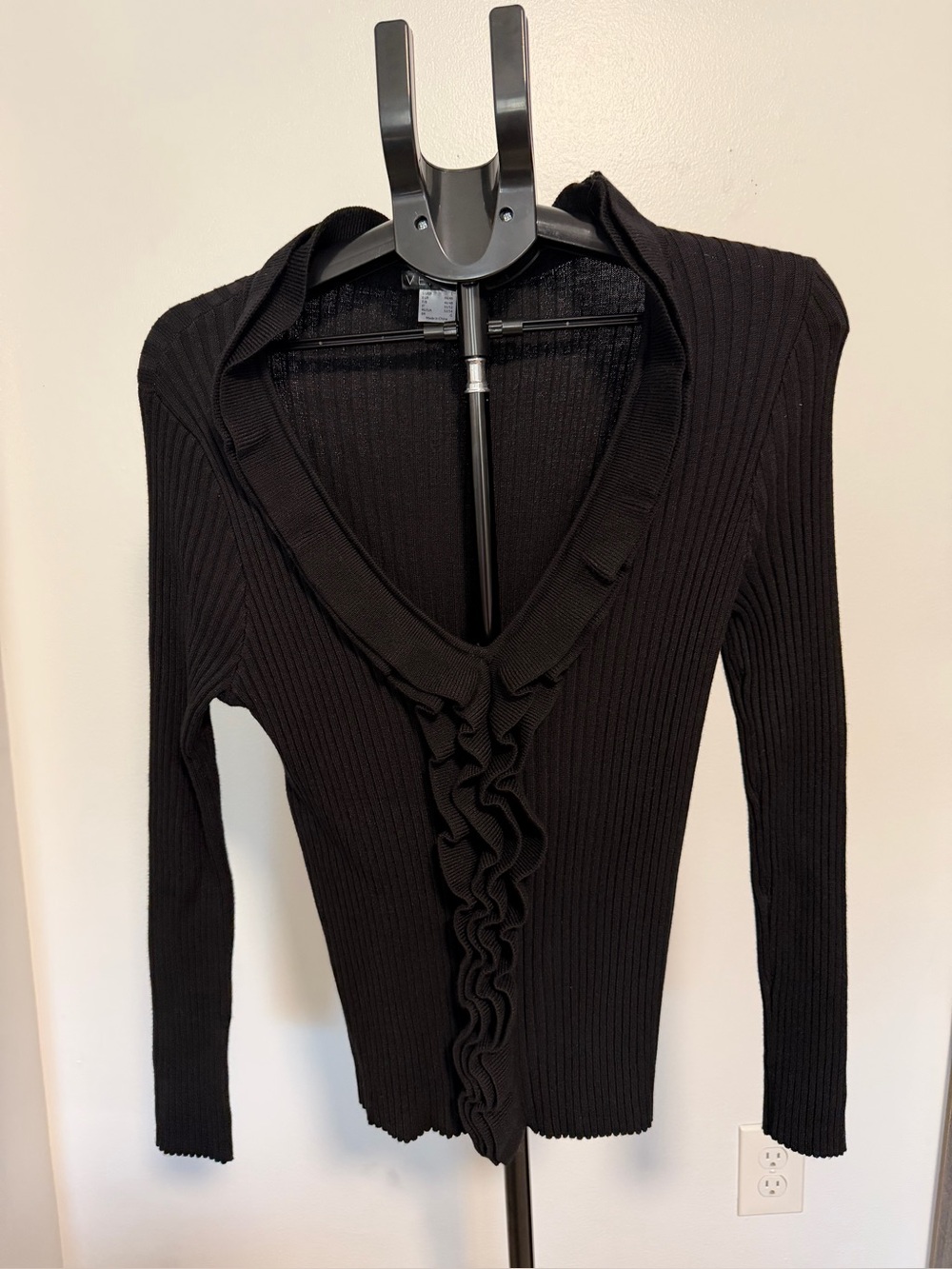 VENUS Black Ribbed V-Neck Ruffle Sweater - Picture 4 of 6